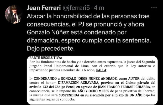 La postura de Ferrari sobre sentencia a Núñez. (Captura)