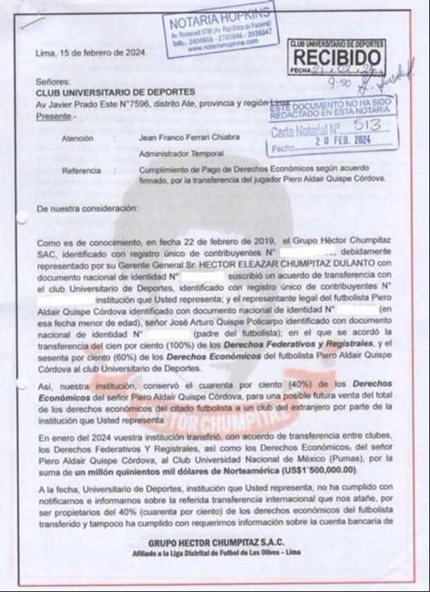Carta notarial de la academia de Héctor Chumpitaz a la istración de Universitario, presidida por Jean Ferrari, por el caso de Piero Quispe.