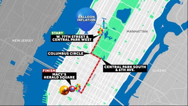 Route map of the streets where the 2023 Macy's Thanksgiving Day Parade will in the city of Manhattan. (Photo: CBS)