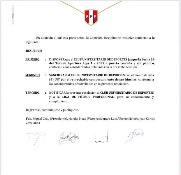 Comisión Disciplinaria de la FPF sancionó a Universitario de Deportes con una fecha sin público en el estadio Monumental.