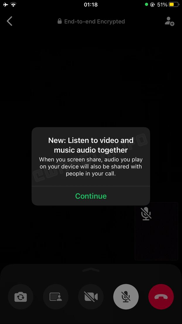 Cada vez que uses esta herramienta te aparecerá el anuncio "Escuche videos y música cuando compartas la pantalla". (Foto: WabetaInfo)