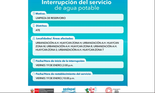 Sedapal informó qué distritos no tendrán agua este viernes 19 de enero. (Foto: Twitter)