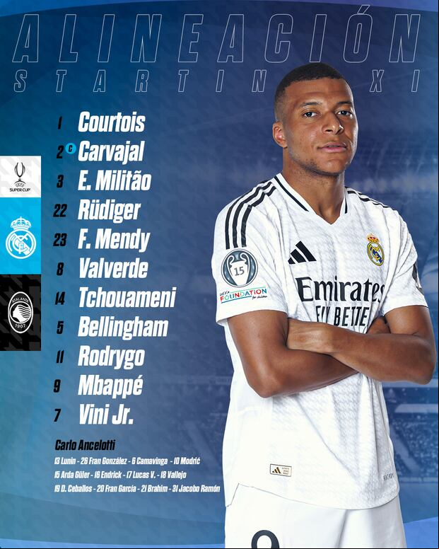 Once de Real Madrid vs. Atalanta por la Supercopa de Europa. (Imagen: @realmadrid)