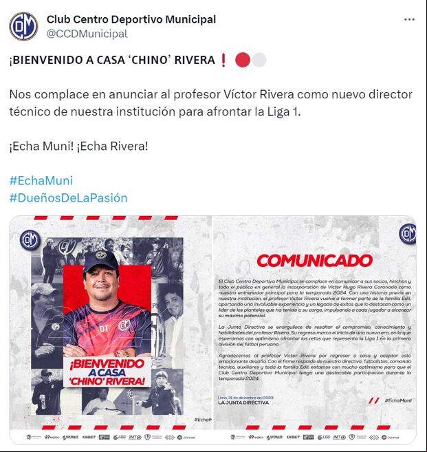 Deportivo Municipal anunció a Victor Rivera como nuevo DT para el 2024. (Foto: X).