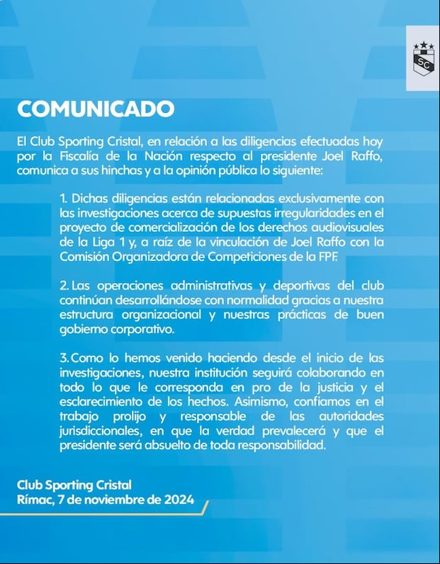 Comunicado de Sporting Cristal tras la detención preliminar de Joel Raffo. (Sporting Cristal)