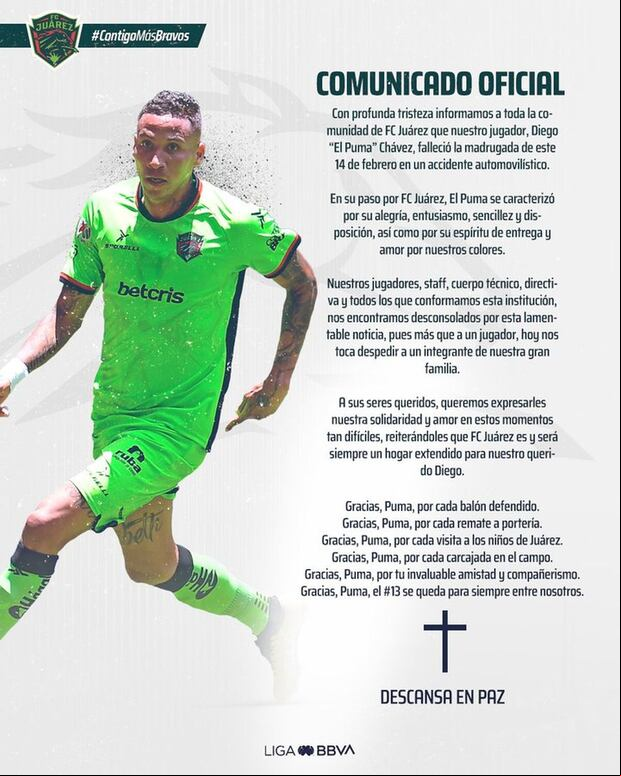 Comunicado del club de Diego Chávez sobre su muerte (Foto: Juárez FC / X)