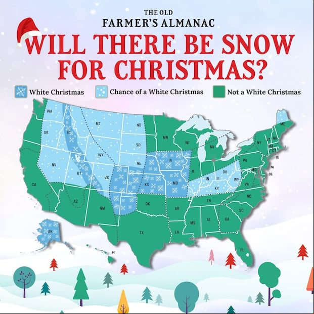 Where will it snow during Christmas 2024 in the United States? (Image: Old Farmer’s Almanac)