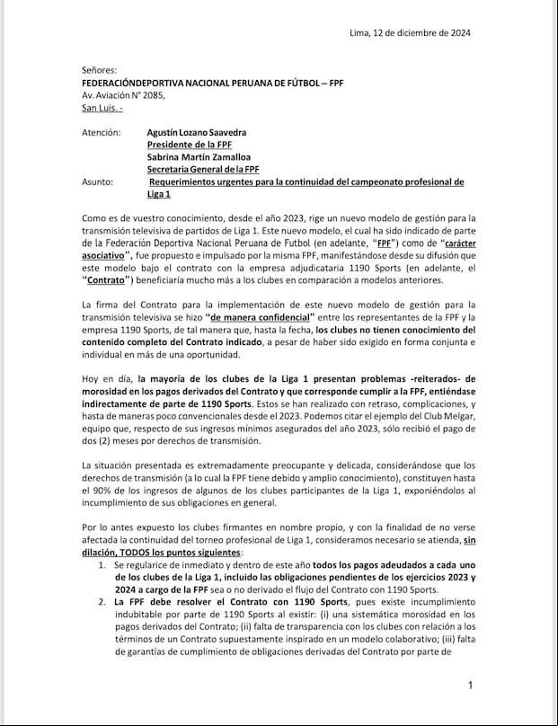 La carta de los clubes a la FPF en referencia a 1190. (Foto: Difusión)