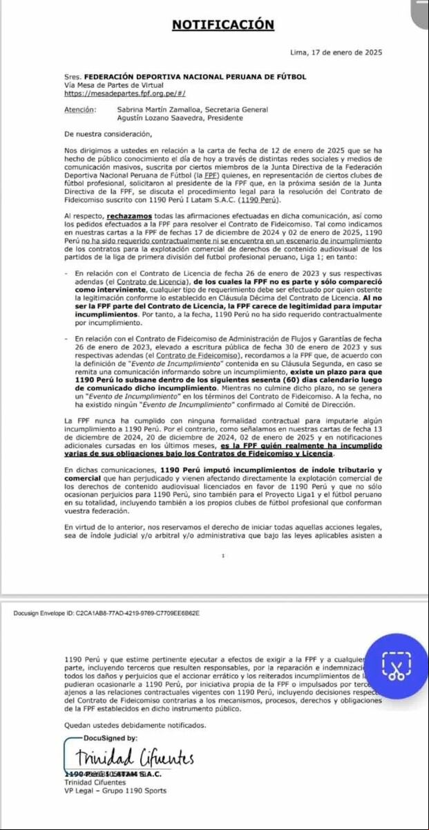1190 Sports envío carta a la FPF asegurando que no pueden resolver el contrato. (Foto: Epicentro TV)
