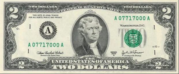 Así luce el billete de 2 dólares (Foto: Wikimedia Commons)