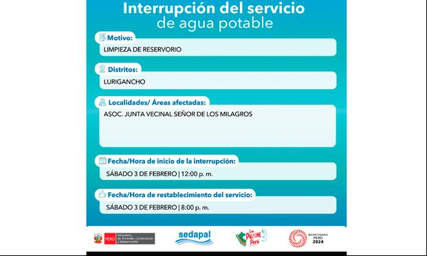 Sedapal informa los distritos que no tendrán agua el sábado 3 de febrero. (Foto: Sedapal/Twitter)