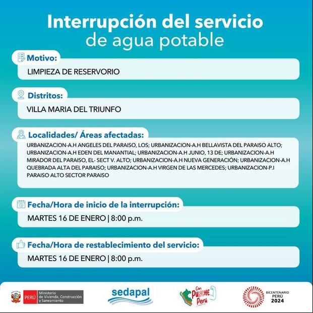 Sedapal informó qué distritos no tendrán agua este martes 16 de enero. (Foto: Twitter)