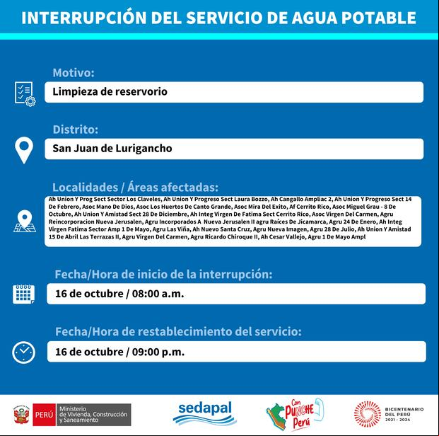 Sedapal informó en qué zonas cortará el agua este lunes 16 de octubre. (Foto: Twitter)