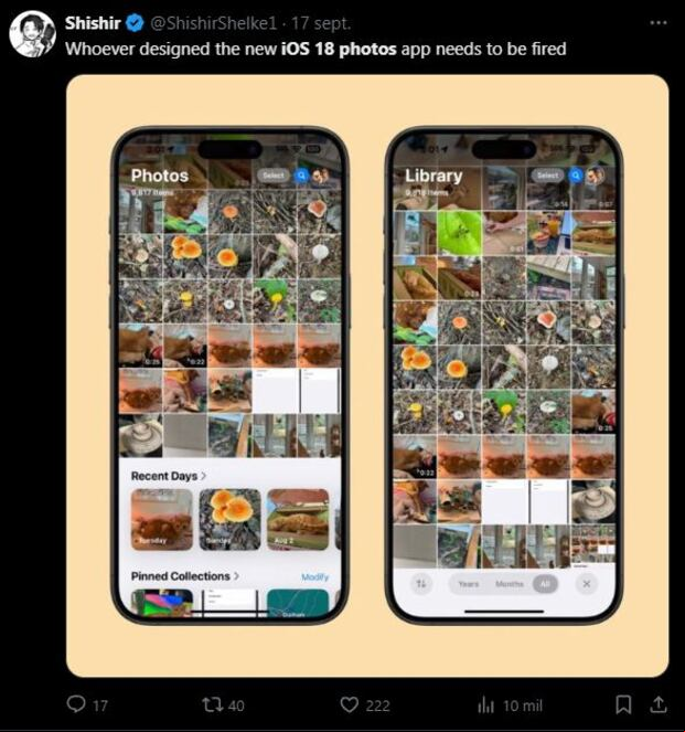 Críticas a la actualización de iOS 18 a la aplicación Photos (X)