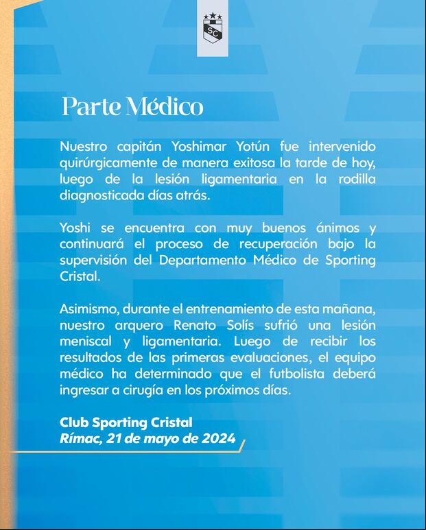 Parte médico de Sporting Cristal sobre sus jugadores Yoshimar Yotún y Renato Solis. (Sporting Cristal)