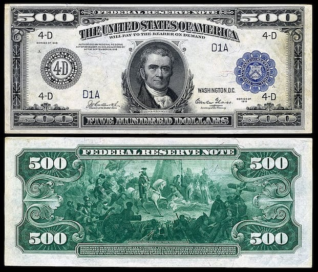 El anverso y reverso del billete de 500 dólares de sello azul (Foto: Departamento del Tesoro de EE.UU.)
