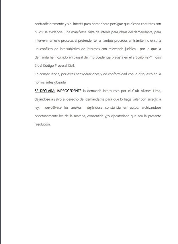 Resolución de la Corte Superior de la Justicia tras demanda de Alianza Lima. (Foto: Corte Superior de Justicia)