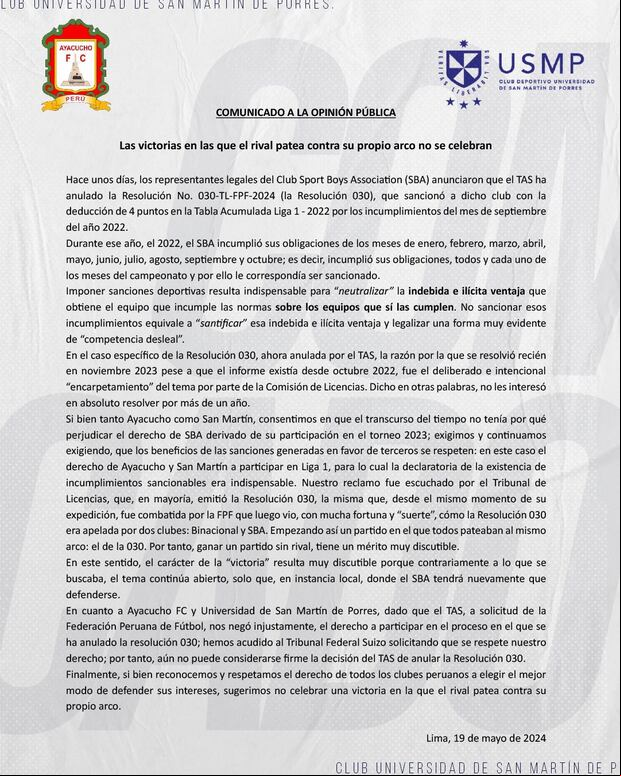 Comunicado completo de San Martín y Ayacucho FC. (Imagen: San Martín / Ayacucho FC)