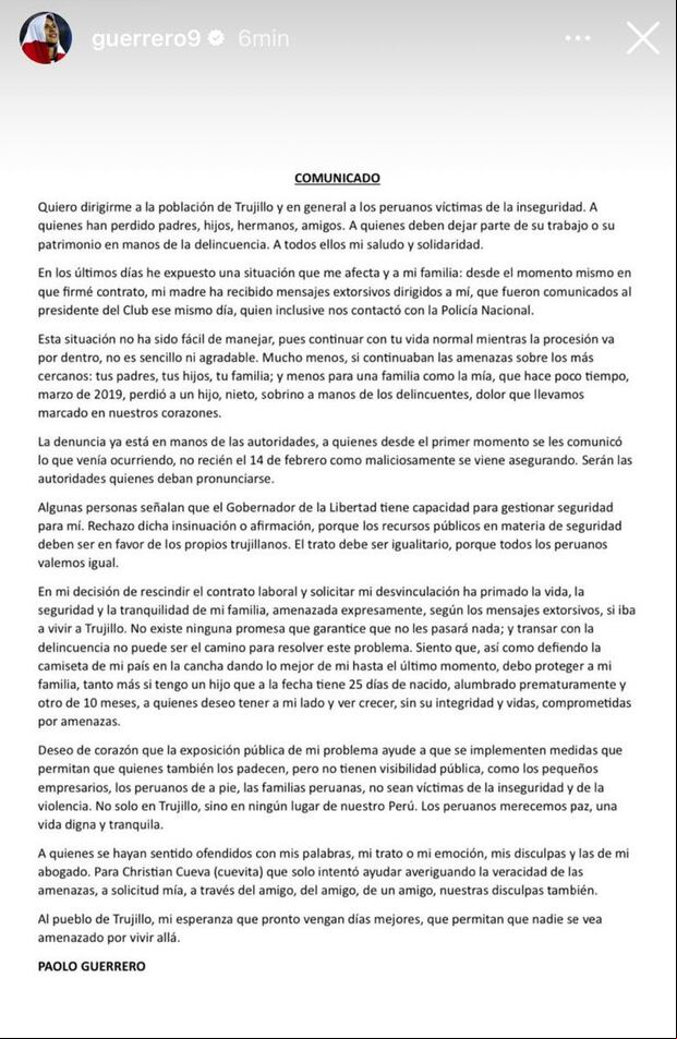 Comunicado de Paolo Guerrero