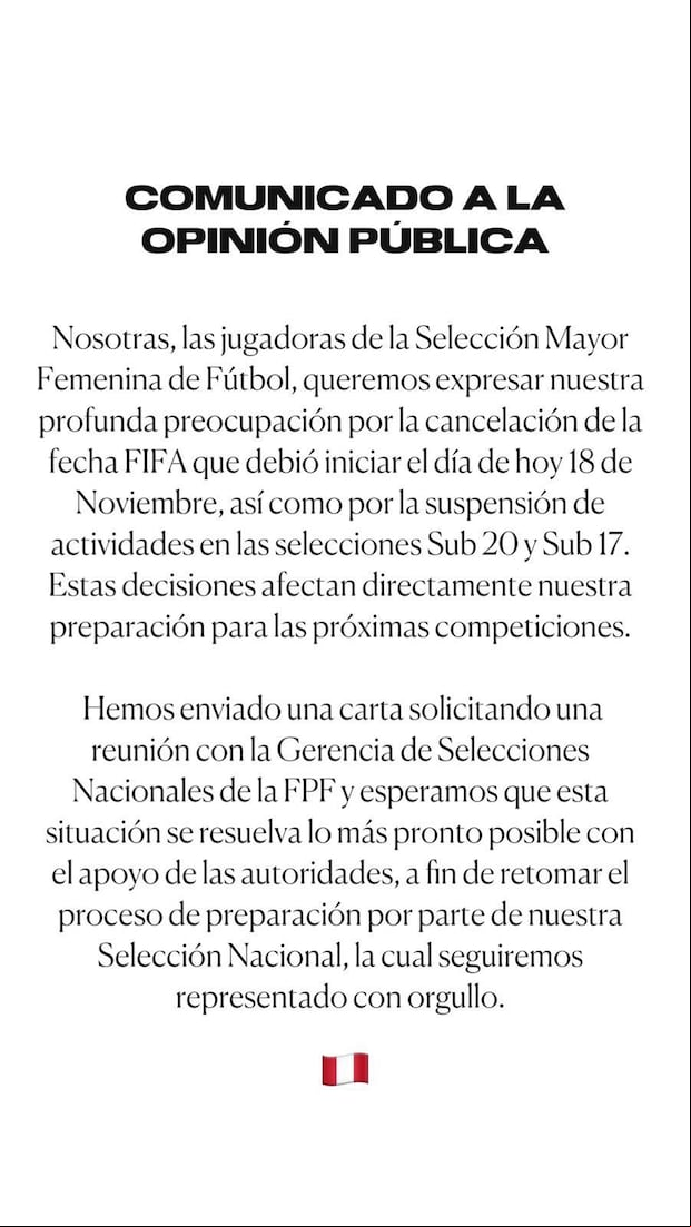 Comunicado de la Selección Peruana Femenina. (Foto: Instagram)