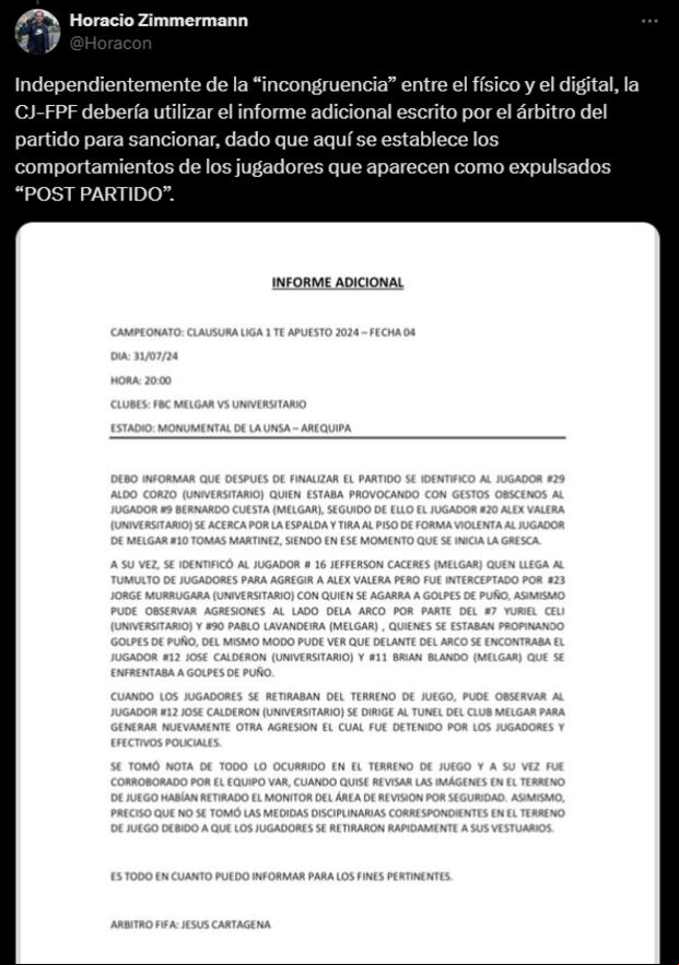 Informe del árbitro Jesús Cartagena, tras el U vs. Melgar. (Captura: X / @Horacon)