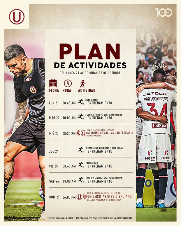 El plan de actividades de Universitario en esta semana. (Foto: Universitario)