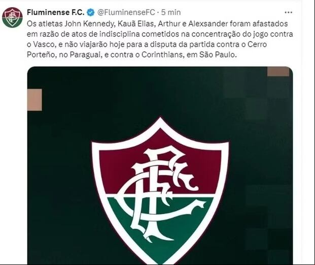 El comunicado de Fluminense sobre la separación de 4 jugadores.
