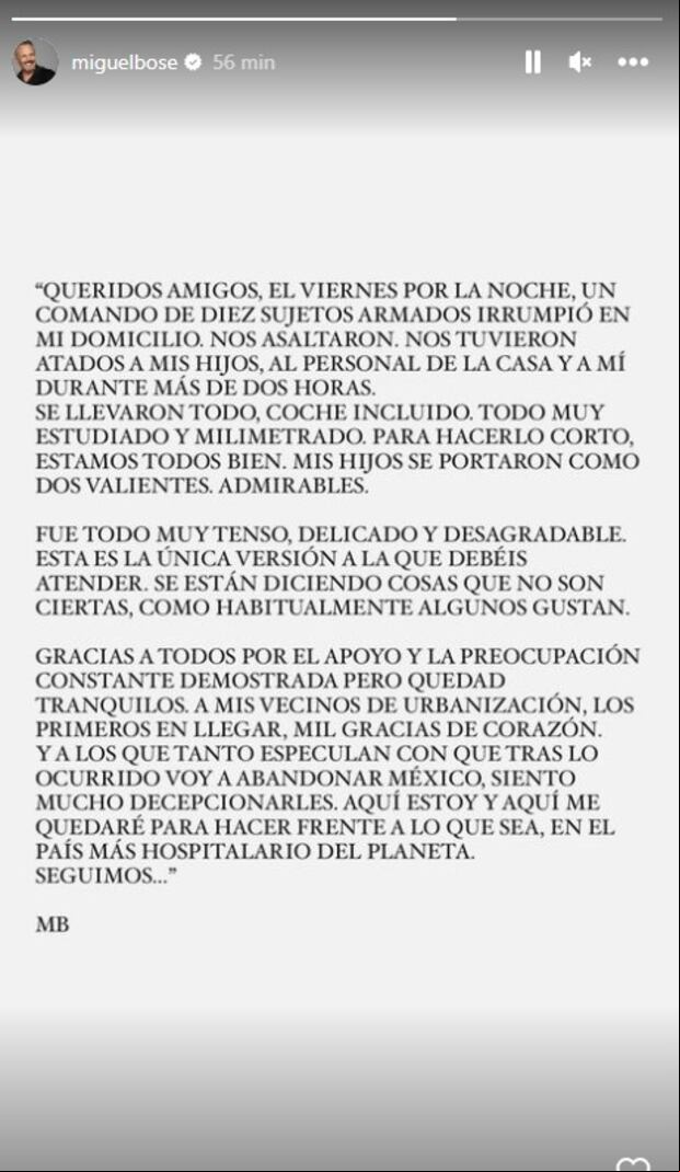 Comunicado de Miguel Bosé en Instagram (Foto: Miguel Bosé/Instagram)