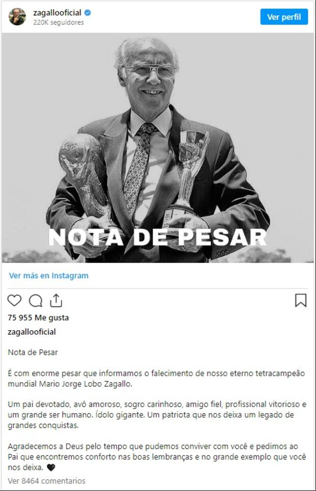 Comunicado del fallecimiento de Mario Zagallo. (Foto: Instagram).