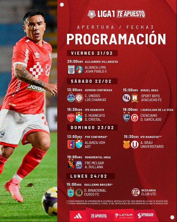 La programación de la fecha 3 del Torneo Apertura de la Liga 1 2025.