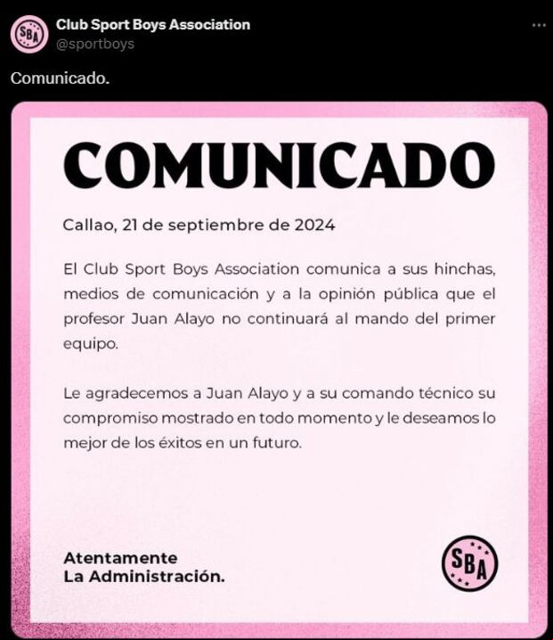 El comunicado de Sport Boys anunciando la salida de Alayo.