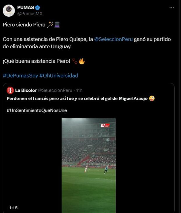 Pumas destacó la asistencia de Piero Quispe en la victoria de Perú por 1-0 ante Uruguay. (Foto: Pumas Unam en 'X')