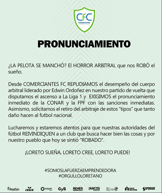 Comunicado de Comerciantes FC por partido ante Juan Pablo II. (Foto: Comerciantes FC)