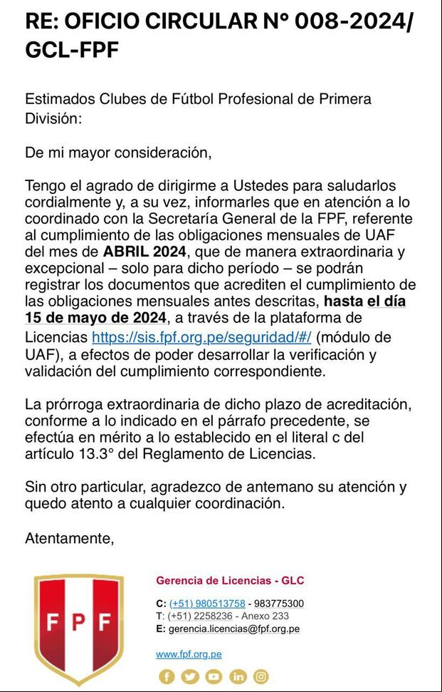 Este es el comunicado que la Gerencia de Licencias envió a los clubes de la Liga 1 sobre el pago de abril.