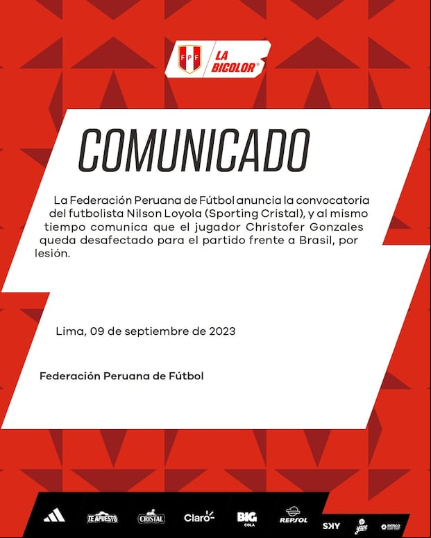 Comunicado de la Selección Peruana sobre la convocatoria de Loyola. (Foto: Perú)