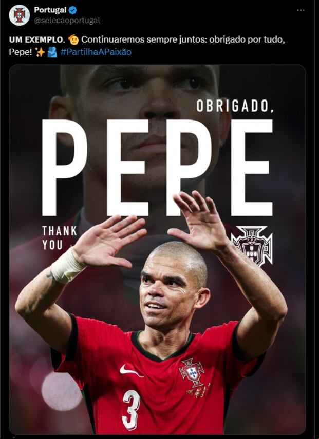 Selección de Portugal despidió a Pepe del fútbol. (Foto: @selecaoportugal).