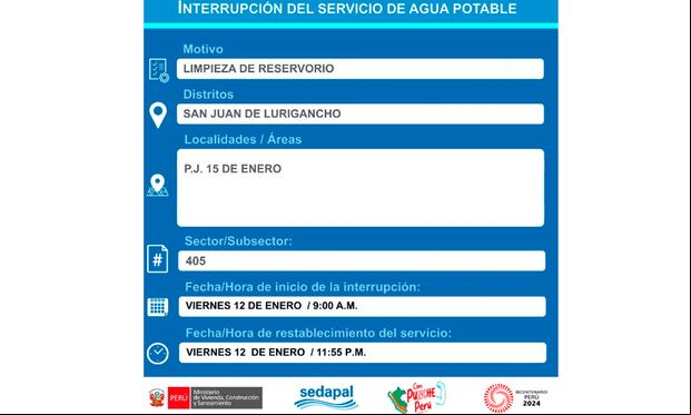 Sedapal informó qué distritos no tendrán agua este viernes 12 de enero. (Foto: Twitter)