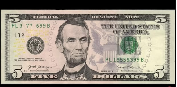 Abraham Lincoln en el billete de 5 dólares (Foto: Beto coin/YouTube)