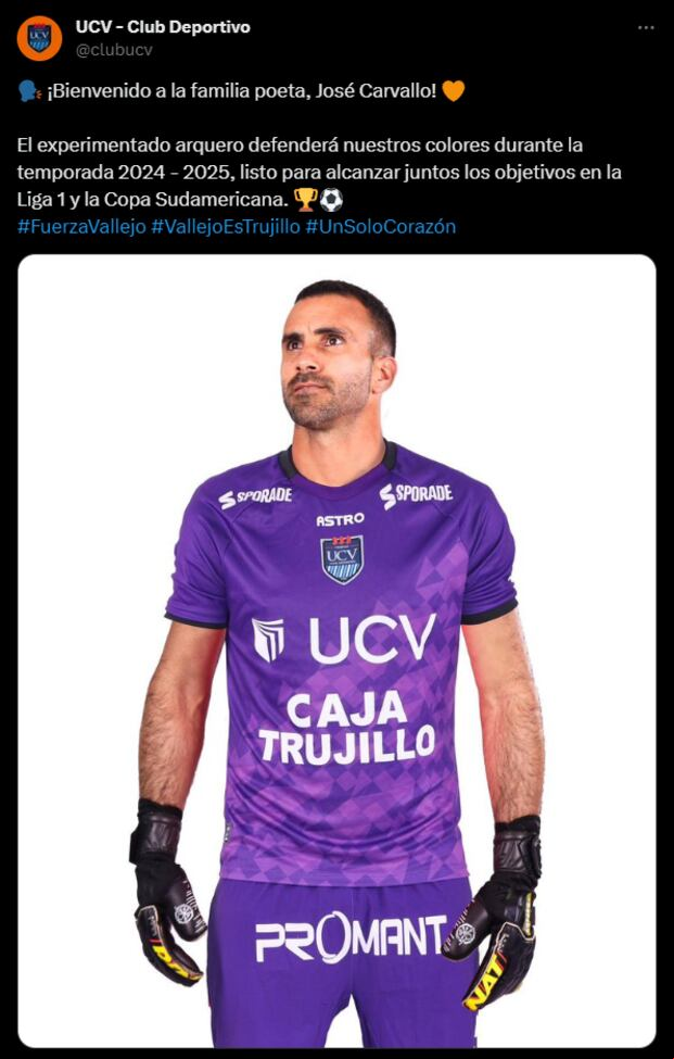 José Carvallo fue presentado como nuevo arquero de César Vallejo, para la temporada 2024. (Foto: Twitter)
