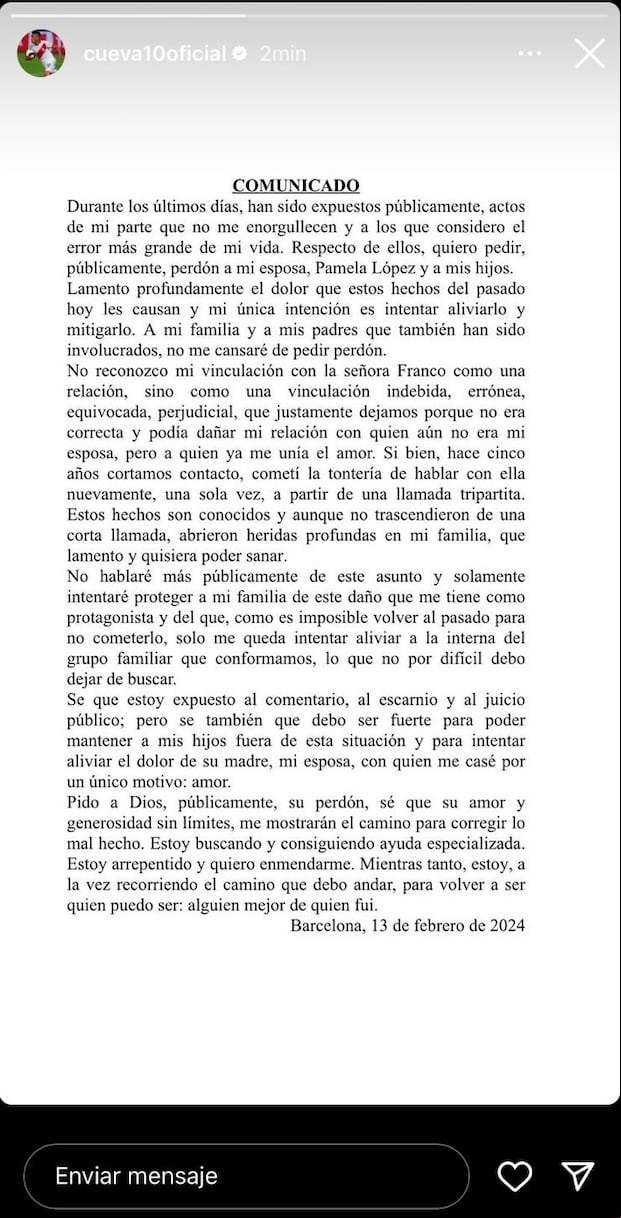 Comunicado de Christian Cueva. (Foto: Instagram)