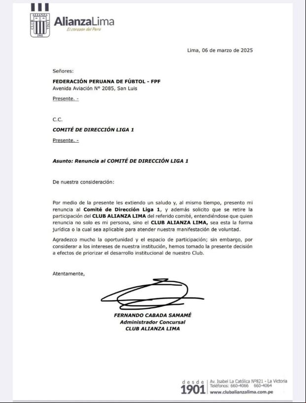 La carta de Alianza Lima a la FPF. (Imagen: Difusión)