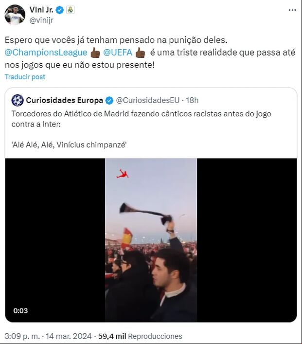 Vinícius Júnior denuncia canticos racista de hinchas de Atlético Madrid. (Foto: X).