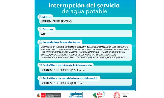 Sedapal informó qué distritos no tendrán agua este viernes 16 de febrero. (Foto: Twitter)