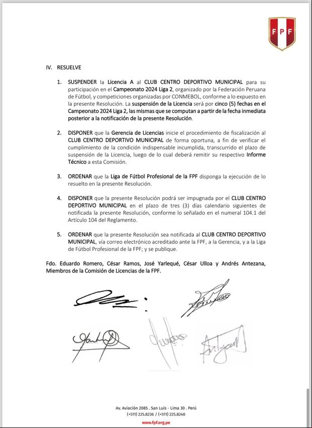 Comunicado de la Comisión de Licencias sobre Deportivo Municipal. (Foto: FPF)