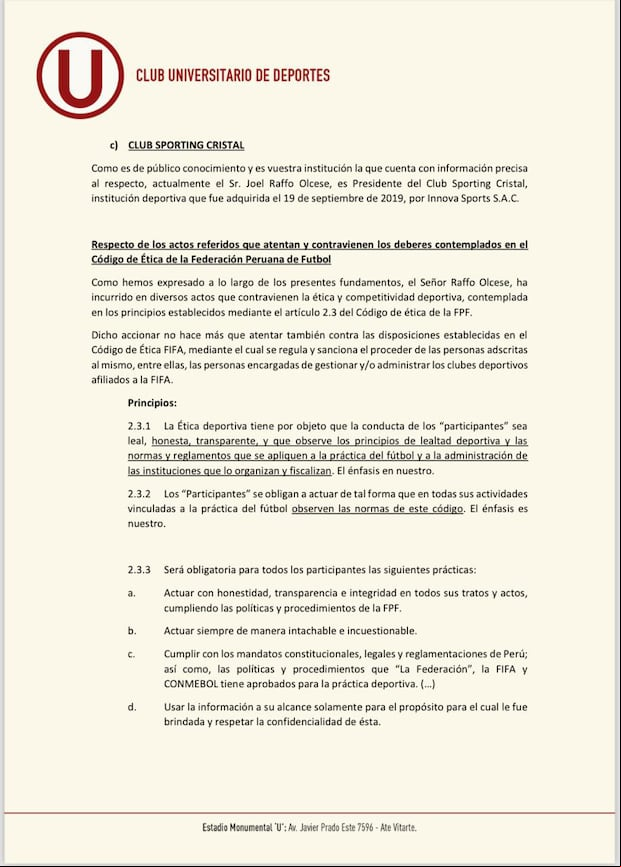 Universitario denunció a Joel Raffo ante Comisión de Ética. (Foto: Universitario)