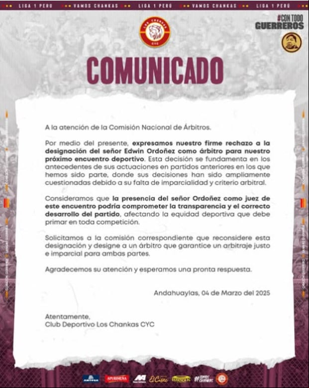 Los Chankas se expresaron mediante un comunicado publicado en sus redes sociales. (Foto: Los Chankas)