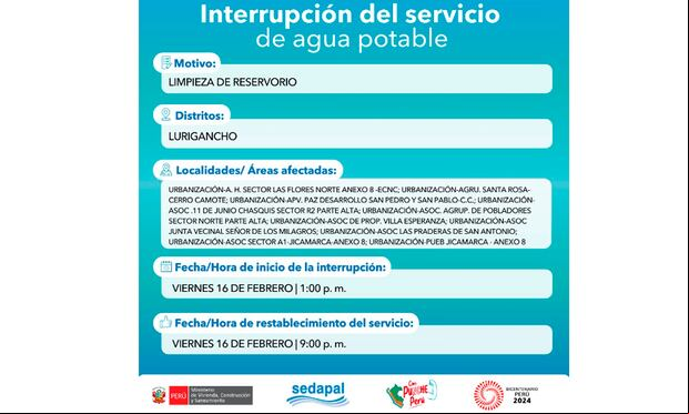 Sedapal informó qué distritos no tendrán agua este viernes 16 de febrero. (Foto: Twitter)
