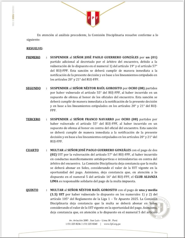Sanciones impuestas por la Comisión Disciplinaria hacia el club Alianza Lima. (Foto: FPF)