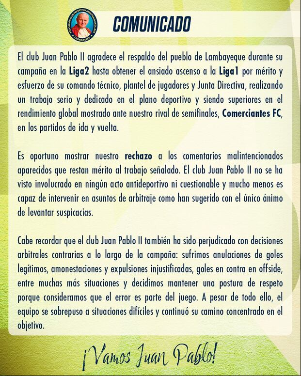 Comunicado de Juan Pablo II tras su ascenso a la Liga 1. (Foto: Juan Pablo II)