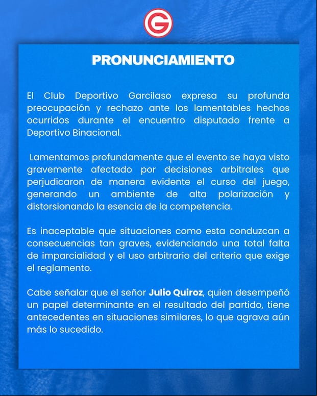 Comunicado de Deportivo Garcilaso en su cuenta de 'X'.